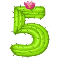 Cartoon cactus number 5 with flower font kids numbers. Green figure Five vector