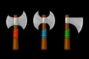 Ancient weapons, Viking battle axes for game assets. Vector illustration set old wooden weapons, isolated axes for graphic design.