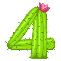 Cartoon cactus number 4 with flower font kids numbers. Green figure four vector