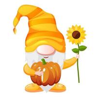 Gnome with sunflower and pumpkin for Thanksgiving Day. Vector illustration, postcard banner with festive dwarf.