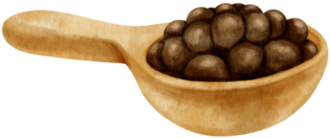 Wooden scoop with bubble tea watercolor illustration png