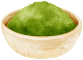 matcha powder watercolor in wooden bowl illustration png