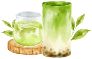 chá de leite matcha latte com aquarela de composição de bolha png