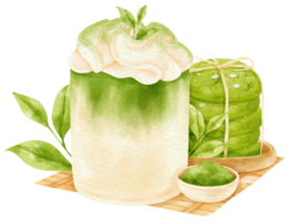 matcha chá verde latte bebida composição aquarela png