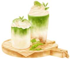 matcha chá verde latte bebida composição aquarela png