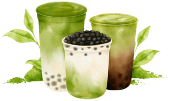 matcha latte milk tea with bubble composition watercolor png