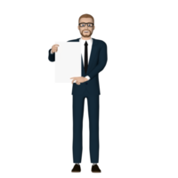 personaje de empresario sosteniendo papel en blanco ilustración imagen 3d fondo transparente