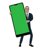 personagem de empresário segurando smartphone grande com ilustração de tela verde em branco fundo transparente de imagem 3d png