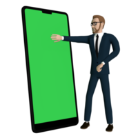 personagem de empresário operando um grande telefone inteligente com ilustração de tela verde em branco fundo transparente de imagem 3d png