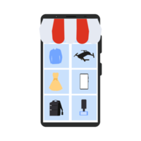 online productbestelling en betalingsconcept. online winkel die jurken en andere producten verkoopt. verkopen van producten met een e-commerce telefoontoepassing. kleding shoppen met mobiel via internet. png