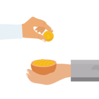 Man giving charity to a beggar. Man donating money concept. Beggar hand with a bowl of golden coins vector. Giving donations to a poor person. Charity giving concept with gold coins. png