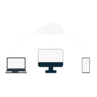 Online cloud storage concept vector. Transferring data from a mobile, laptop, and computer to cloud storage. Data save and transformation concept. Cloud data storage and management. png