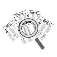 Searching Data from newspapers with a magnifying glass. Collecting data and other information from the newspapers. Flat character design with resume or newspaper and a hand holding magnifying glass. png