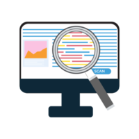 concepto de investigación seo con una lupa. investigando seo desde un sitio web dentro de un vector de computadora. sitio web de computadora que muestra un icono de imagen y una lupa que busca el concepto de palabras clave seo. png