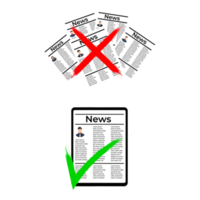 använd det digitala nyhetskonceptet med en flik som visar nyheterna. avbryta eller bojkotta tidningen. välja onlinenyheter med en flik. avbryta och korrigera ikoner med en handritad penseleffekt. png