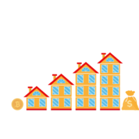 steigendes konzept des immobiliengeschäfts mit hohen gebäuden. Häuser steigen Schritt für Schritt und Geld steigt. Immobilien-Hausverkaufsgeschäft wächst. Geldvermehrung im Geschäft. png