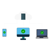 transferir datos del servidor en la nube al vector de dispositivos informáticos. concepto de servidor en la nube con un teléfono inteligente, una computadora portátil y una computadora. vector de método de transferencia y almacenamiento de datos en línea. png