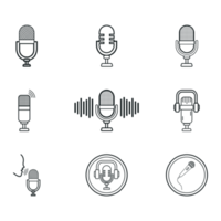 Microphone icon collection vector. Podcast microphone and headphone icon bundle. Sound equalizer with microphone, podcast system icons. Sound recorder and equalizer vector silhouette. png