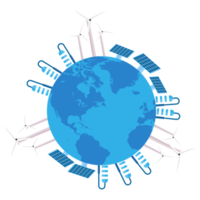 utilizzando centrali elettriche naturali per creare elettricità. produrre energia con mulini a vento e pannelli solari per proteggere l'ambiente mondiale. risparmio di energia naturale per salvare il concetto di terra con una mappa del mondo. png