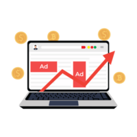 Earning from advertisements on websites or social media platforms concept. Earning from ads concept with a laptop vector. Online earning from websites or mobile applications by ads. png