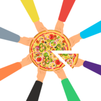Hands taking pizza slices from a table vector. Delicious pizza vector with different kinds of hands. Pizza with so many toppings. Take a slice from the table concept. Family holding a pizza.