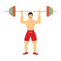 Athletic weightlifter man lifting a barbell with angry face vector. Muscle man with mustache weightlifting and showing body, flat character design. Muscular man wearing red boxer pant vector. png