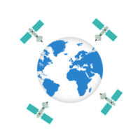satélite alrededor del vector del globo mundial. los satélites están corriendo alrededor del concepto mundial. satélite de comunicación volando vuelo espacial orbital alrededor de la tierra. una estación espacial con paneles solares.