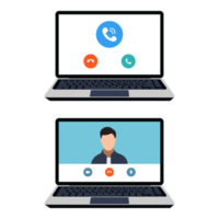 Online video call concept on laptops vector. Calling online, video conference concept with a flat character illustration. Chatting with friends online and virtual meeting concept vector. png
