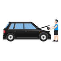 A man replacing the car battery on an urban road vector. Flat boy character repairing car parts on open road concept. Mechanic replacing a car battery, Urban buildings concept vector. png