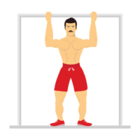 Muscular man doing pull-up exercise to gain strength concept. Bodybuilder with a mustache, doing pull-ups vector. Angry muscle man wearing red boxer pants and doing daily exercises. png