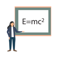 een vrouwelijke leraar in de klas die natuurkunde doceert. leraar plat karakterontwerp met klaslokaal interieur vector. onderwijs en universiteitsconceptenillustratie met bord en leraarslijst. png