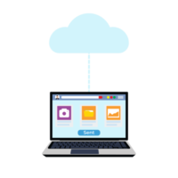 trasferimento di file e informazioni al concetto di archiviazione cloud. server cloud e concetto di archiviazione con un laptop per la condivisione di file. file immagine e icona della fotocamera all'interno di un laptop, concetto di trasformazione dei dati. png