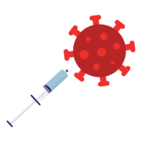 Giving a vaccine to a red virus to prevent infections. Using a syringe to vaccinate covid-19 virus concept vector. Killing coronavirus with a vaccine syringe vector and a red color bacteria icon.