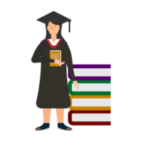 Educational process concept with a girl flat character design. A girl flat illustration with a graduation dress and colorful book vector. Graduation and university concepts with white text space. png