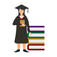 concepto de proceso educativo con un diseño de personaje plano de niña. una ilustración plana de niña con un vestido de graduación y un vector de libro colorido. conceptos de graduación y universidad con espacio de texto en blanco. png