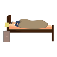Man using mobile before sleep at night under blanket vector. Home interior vector with a clock, table lamp, big window, and bed. Man lying flat character illustration with a smartphone in his hand. png