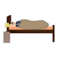 homme utilisant le mobile avant de dormir la nuit sous le vecteur de couverture. vecteur intérieur de la maison avec une horloge, une lampe de table, une grande fenêtre et un lit. homme couché illustration de personnage plat avec un smartphone à la main. png