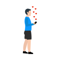 hombre caminando dentro de un parque y usando su teléfono inteligente para conectarse con las redes sociales. ilustración de personaje plano masculino con una vista de campo verde en un día soleado. el hombre que da amor reacciona en las redes sociales. png