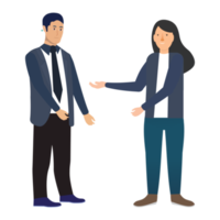Businessman conversation concept and a man and woman discussing business strategy. Teaching an employee some working strategies, flat character illustration. Business communication concept. png