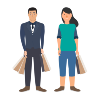 homem e mulher fazendo compras, design de vetores de personagens planas. casal com sacolas de compras na mão na frente de um vetor de loja. conceito de cliente de compras e varejo com um vetor de loja de pano. png