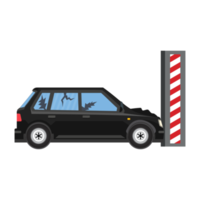 Car crash vector illustration in testing ground. A black car with broken windows and frames on an urban road. Car accidents and collation illustration with an iron test bar vector. png