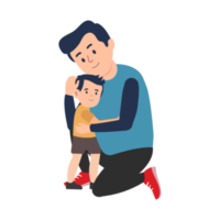 Father hugging his son inside a house vector. Flat character illustration with a home interior concept. Father and son hugging. House interior with blue sofa, wall clock, table lamp, and bookshelf. png