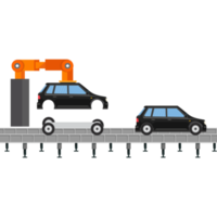 processo di lavoro in fabbrica di fabbricazione di automobili con telaio e ruote dell'auto. assemblaggio di parti di automobili all'interno di una fabbrica con mani robotiche. l'intelligenza artificiale crea automobili con un robot all'interno di una fabbrica di veicoli. png