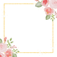 buquê de rosas coloridas em aquarela solta e buquê de flores silvestres com modelo de cartão de convite de casamento de moldura quadrada de luxo dourado png