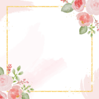 buquê de rosas coloridas em aquarela solta e buquê de flores silvestres com modelo de cartão de convite de casamento de moldura quadrada de luxo dourado png