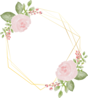 losse aquarel kleurrijke rozen en wilde bloemen boeket krans met hexagon gouden frame png
