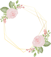 corona de ramo de flores silvestres y rosas coloridas acuarelas sueltas con marco dorado hexagonal png