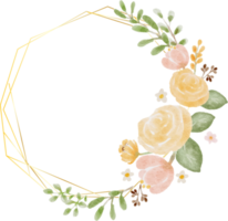 corona de ramo de flores silvestres y rosas coloridas acuarelas sueltas con marco dorado hexagonal png