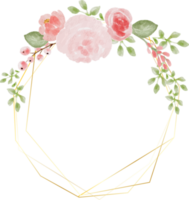 ghirlanda di bouquet di rose colorate ad acquerello sciolto e fiori selvatici con cornice in oro esagonale
