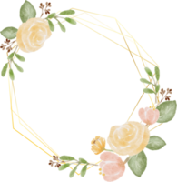 aquarelle en vrac roses colorées et couronne de bouquet de fleurs sauvages avec cadre doré hexagonal png